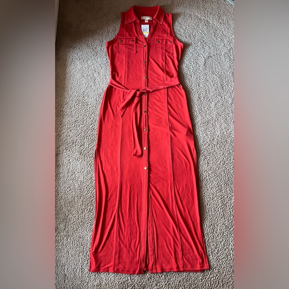 NWT Michael Kors Maxi Button Down Belted Sleeveless Shirt Dress Dark Persimmon M - Picture 10 of 10